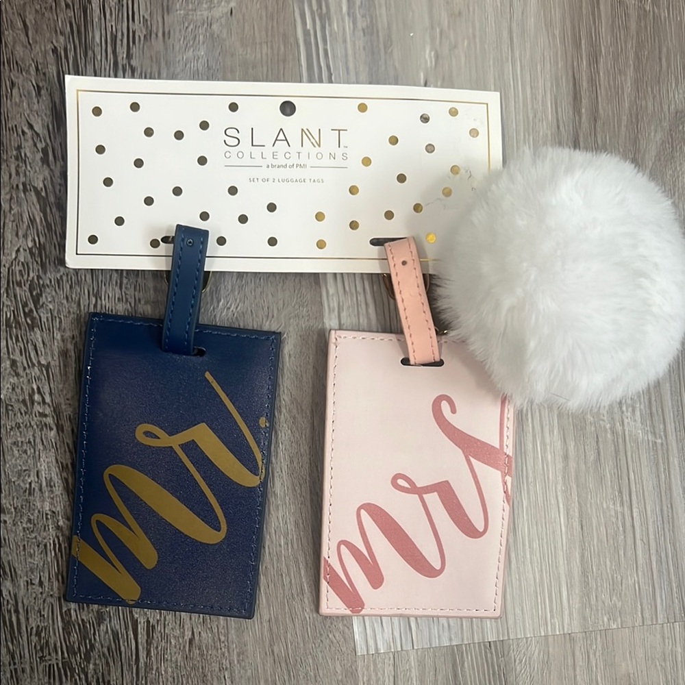 Mr. And Mrs set of luggage tags with white Pom-Pom